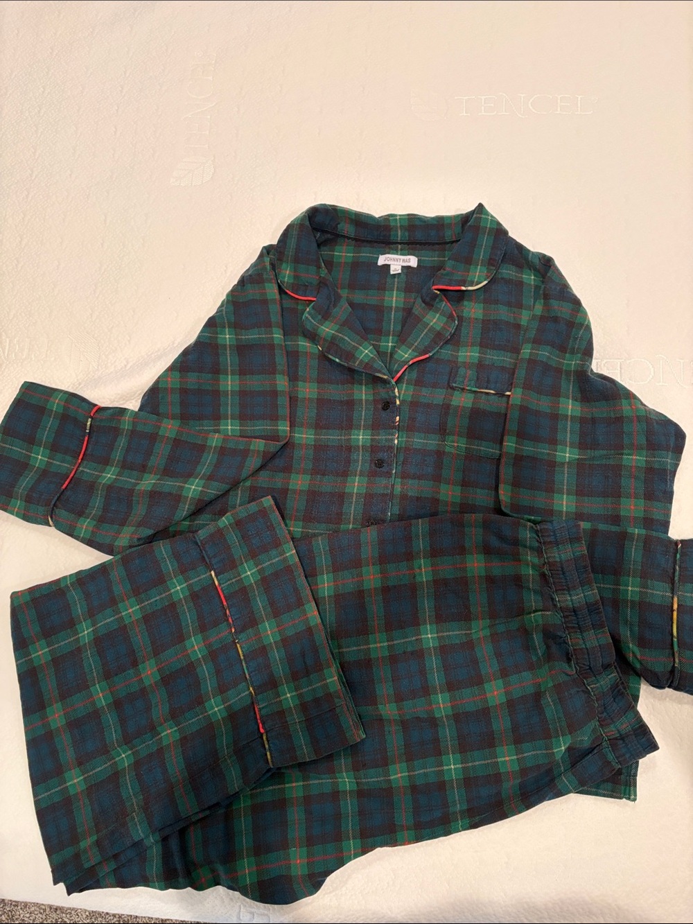 Johnny Was Green/Navy Plaid Flannel Pajama Set Embroidered Back Cotton blend XL